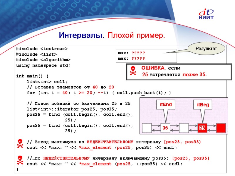 Nortel Networks Confidential Интервалы. Плохой пример. #include <iostream> #include <list> #include <algorithm> using namespace